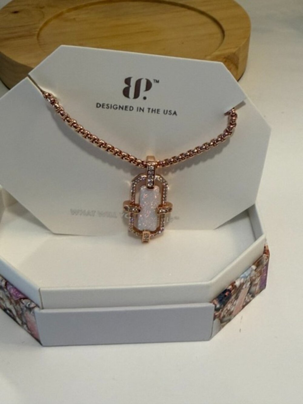 Bomb Party October Birthday Necklace "Moonlit Opal" White Opal Rose Gold NK82124